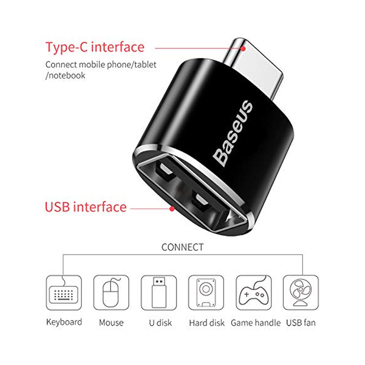 Baseus Mini USB Female to Type-C Male Adapter Converter (Black) (CATOTG-01)