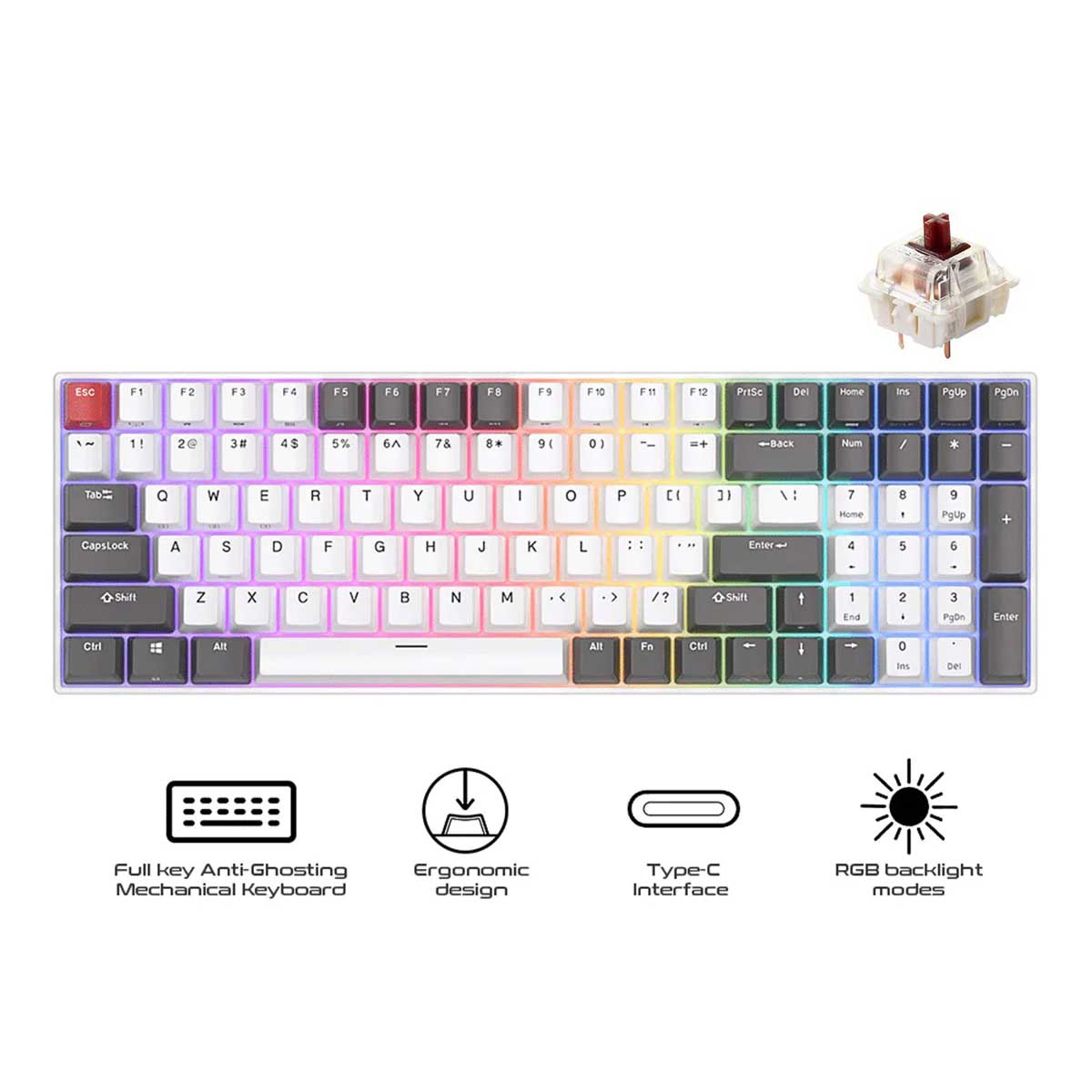 Royal Kludge RK100 Tri-Mode RGB 100 Keys Hot Swappable Mechanical Keyboard Grey/Red/White (Brown Switch)