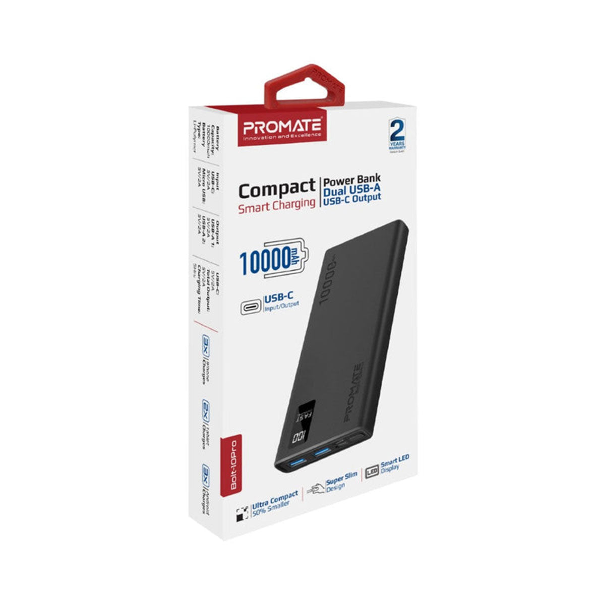 Promate PRO Dual USB-A USB-C Output Smart Super Charging Super Slim Power Bank Black