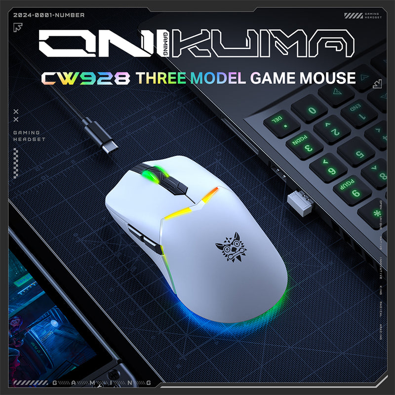 Onikuma CW928 RGB Tri-Mode Gaming Mouse (Black, White)