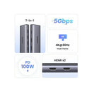 Ugreen USB-C to USB-A 3.0 + 3xUSB-A 2.0 + 2xHDMI + PD Port Converter (7-in-1) Hub - 15cm (Gray)