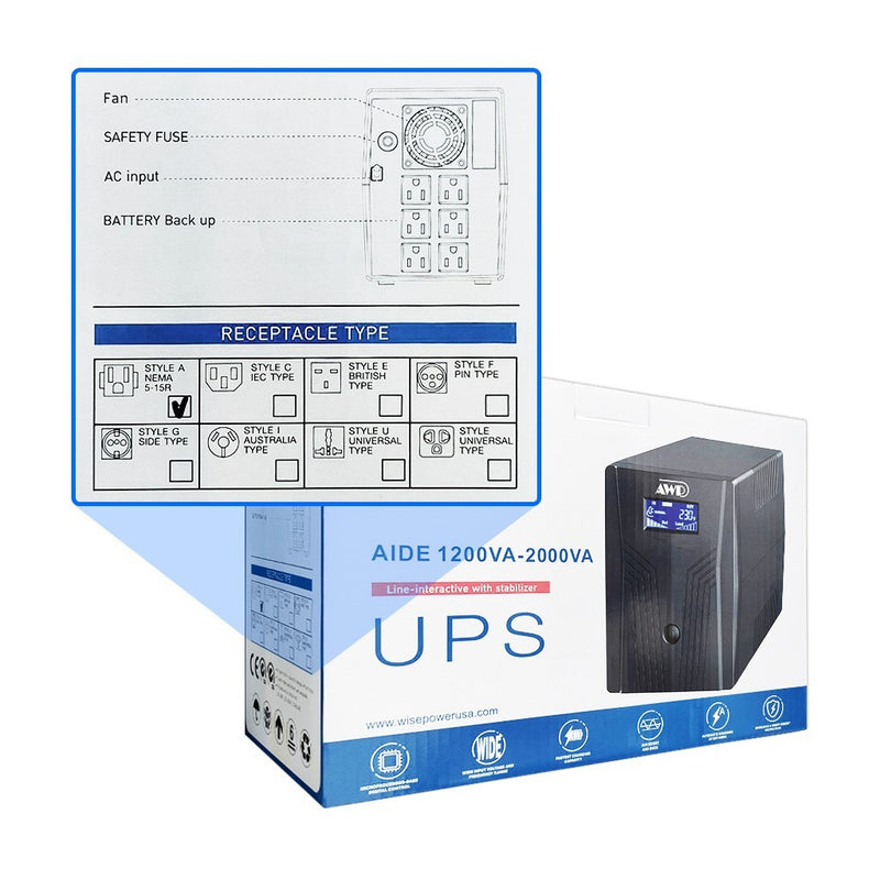 AWP Aide Pro LCD 2000VA 1200W Line-Interactive UPS with Stabilizer