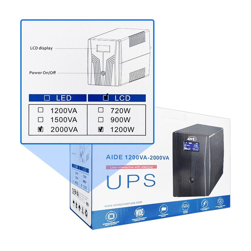 AWP Aide Pro LCD 2000VA 1200W Line-Interactive UPS with Stabilizer
