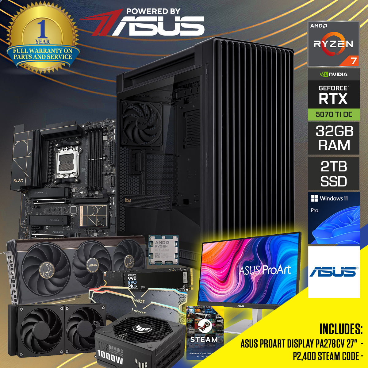 Powered by ASUS: Proart Black Desktop Gaming PC | AMD Ryzen 7 9700X | 32GB (2X16GB) RAM | 2TB SSD | RTX 5070 Ti OC