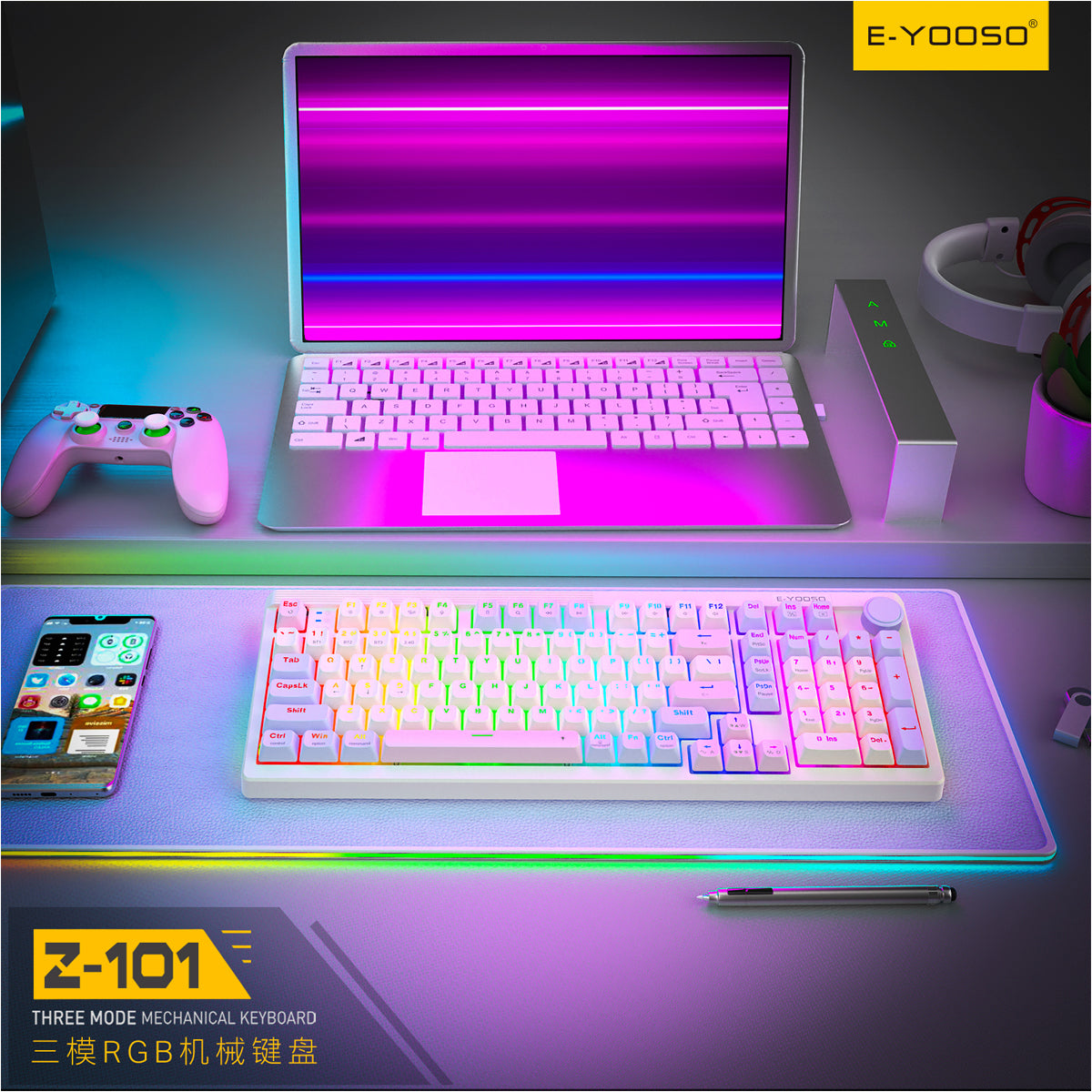 E-Yooso Z-101 RGB 101 Keys Tri-Mode Hot-Swappable Mechanical Keyboard White/Pink/Purple
