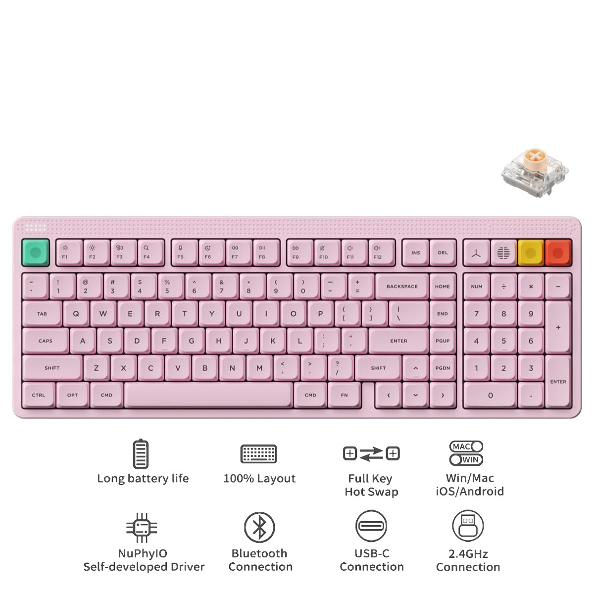 NuPhy Node100 Low-Profile Hot-Swappable Full-Size Wireless Mechanical Keyboard (Blush nano Switch) (Light Pink)
