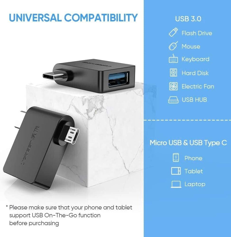 UGreen Micro USB + USB-C To USB 3.0 A Female OTG Adapter (Black) (30453/30453)