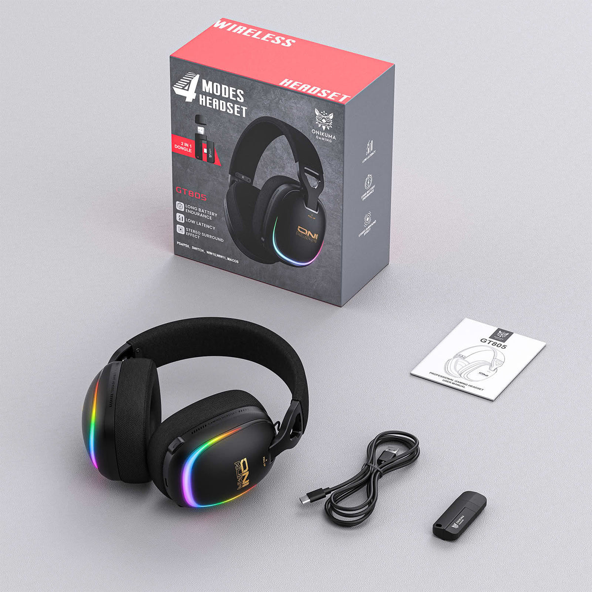 Onikuma GT805 4-Mode RGB Gaming Headset (Black)