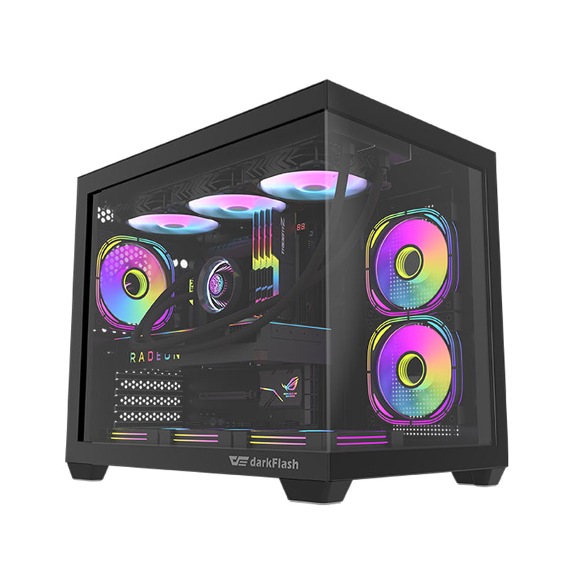 DarkFlash C285MP V2 Exquisite mATX PC Case Tempered Glass Panoramic Side Transparent (Black)
