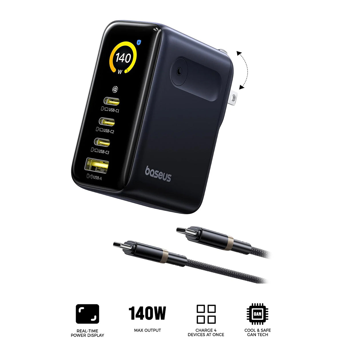 Baseus PicoGo AH11 Digital Display Fast Charger 3C+U 140W includes Dura Fast Charging Cable USB-C to USB-C 240W 1.5m (Cosmic Black) (E0122400)