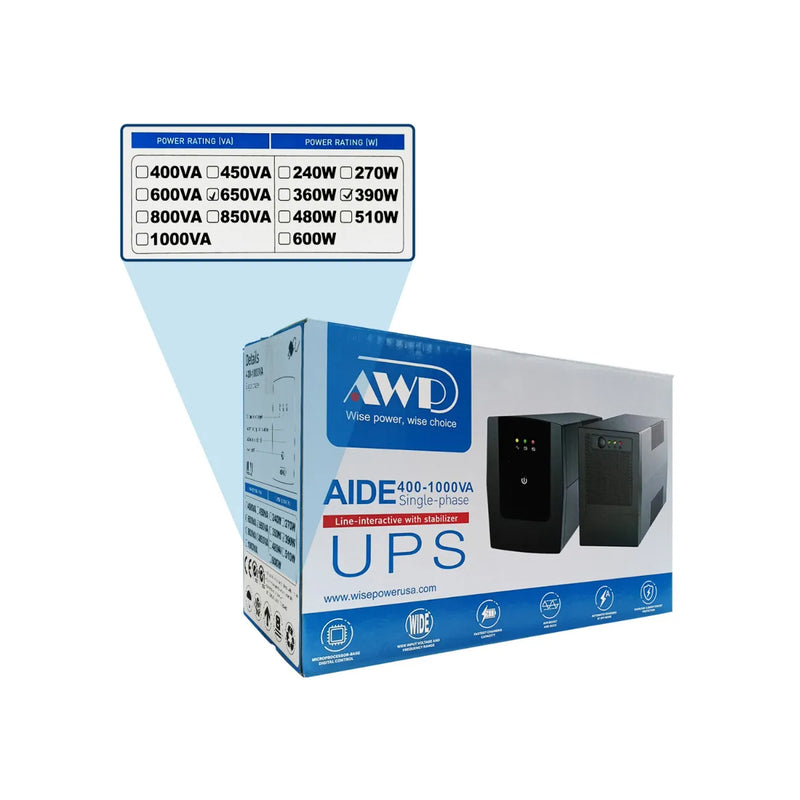 AWP Aide Single-Phase 650VA 390W Line-Interactive UPS with Stabilizer
