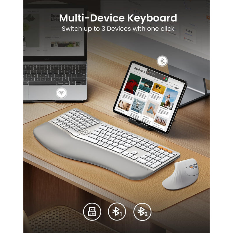 ProtoArc EK01 Plus Dual Mode Full Size Backlit Ergonomic Split Keyboard (White/Silver) (CP015756)