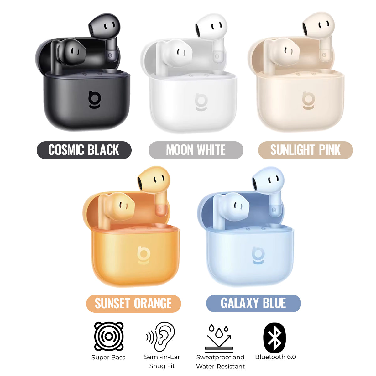 Baseus Bass BS2 Lite True Wireless Earbuds (Cosmic Black, Moon White, Galaxy Blue, Sunlight Pink, Sunset Orange)