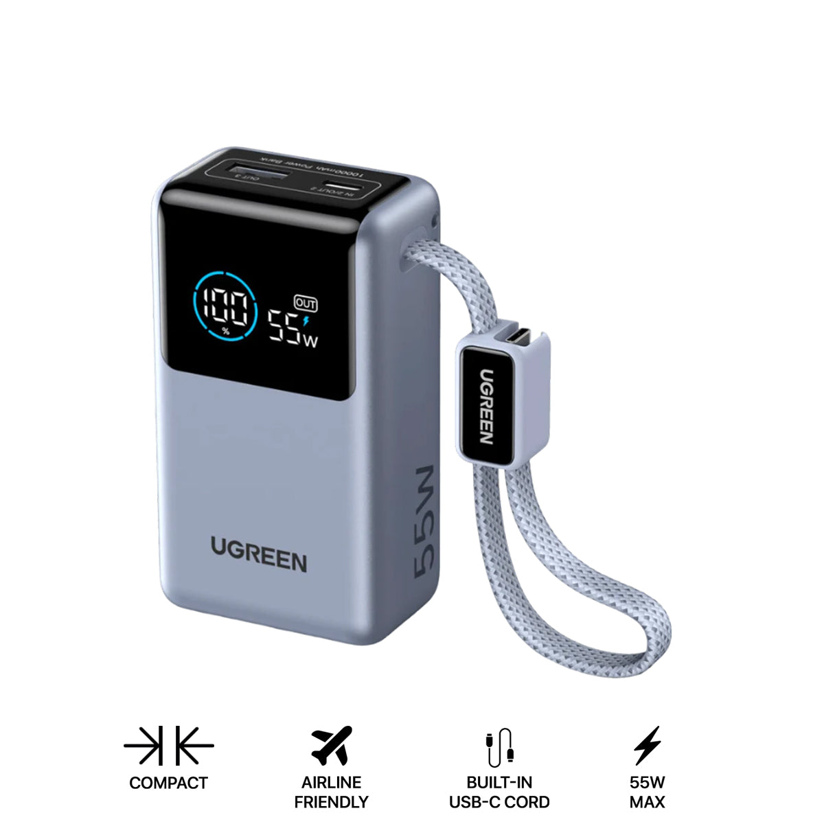 Ugreen Nexode Pro 10000mAh 55W Power Bank with USB-C Built-in Cable