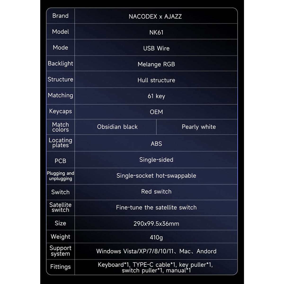 Nacodex x Ajazz NK61 Mixed Light 61 Keys Wired Hot-Swappable Mechanical Keyboard (Pearly White) (Red Switch)