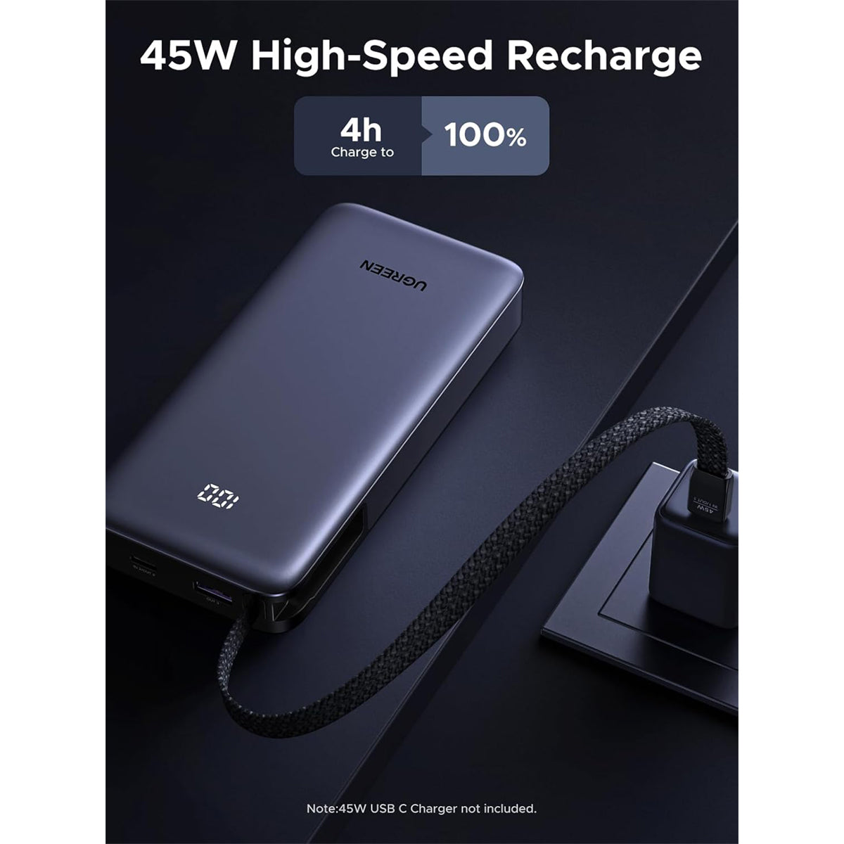 Ugreen 20000mAh 45W Power Bank with Built-in Cable (Grey)