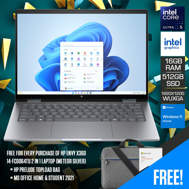 HP Envy X360 14-FC0064TU 2 in 1 Laptop (Meteor Silver) | 14.0" WUXGA IPS | (1920x1200) | Ultra 5-125U | 16GB RAM | 512GB SSD | Intel Integrated Graphics | Windows 11 Home | Ms Office Home & Student 2021 | Hp Prelude Topload Bag