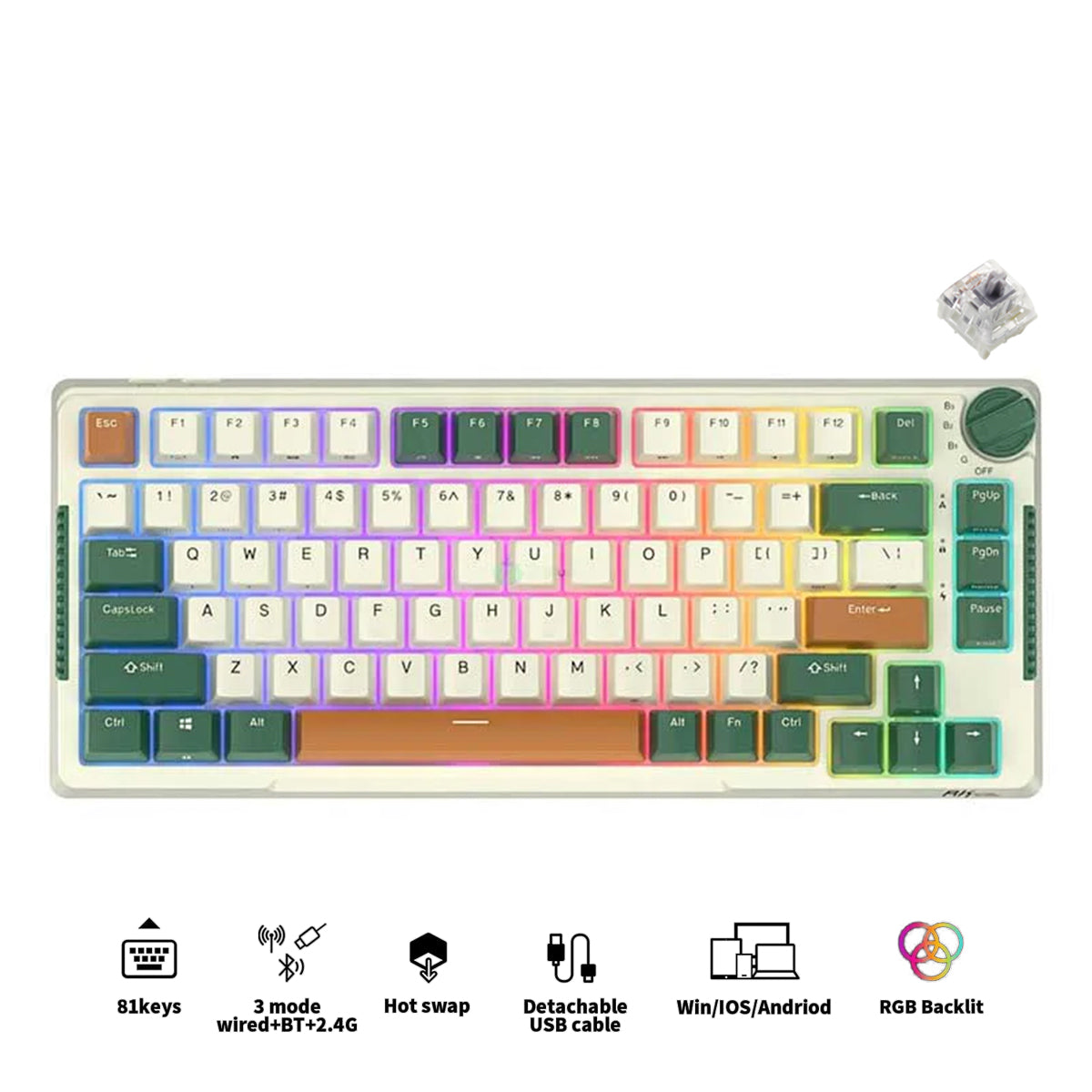 Royal Kludge RK-H81 Tri-Mode RGB 81 Keys Hot Swappable Mechanical Keyboard Timing Machine  (k Silver Switch)