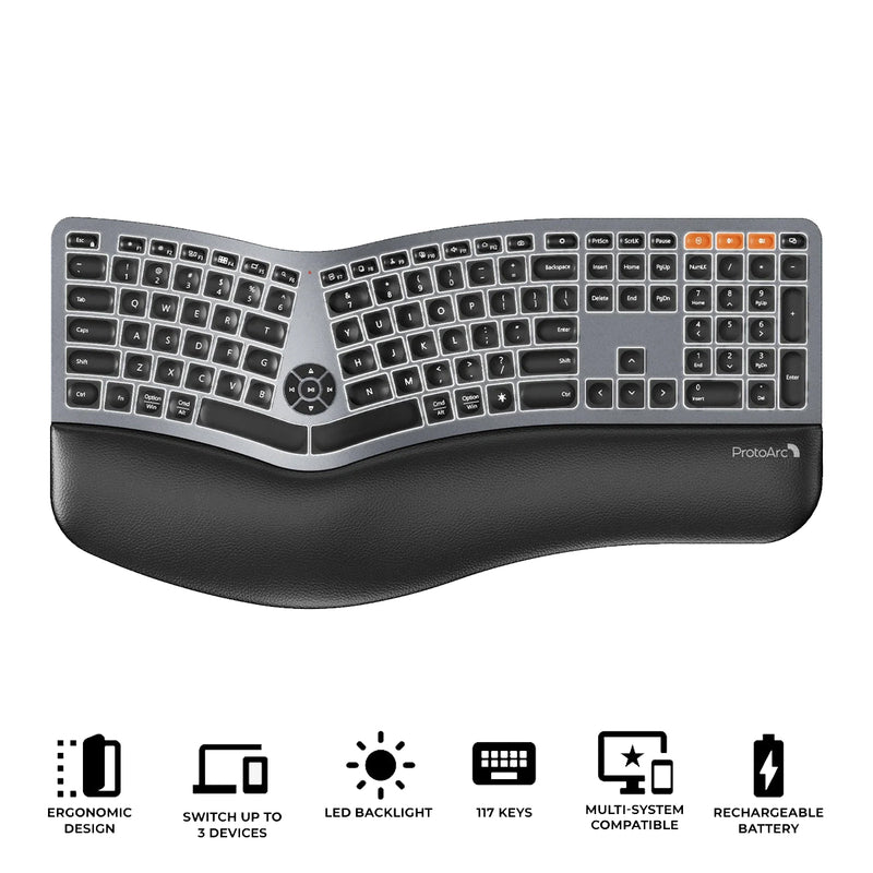 ProtoArc EK01 Plus Dual Mode Full Size Backlit Ergonomic Split Keyboard (Black/Grey) (CP013398)