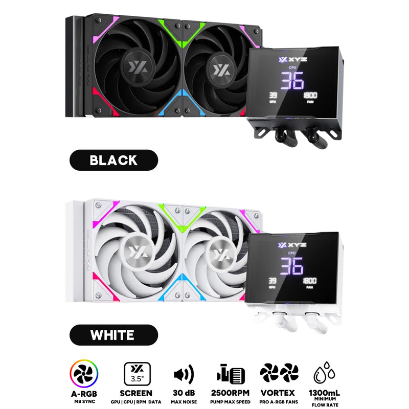 XYZ HydroTemp 240 ARGB Liquid Cooler with Temperature Display (Black, White)