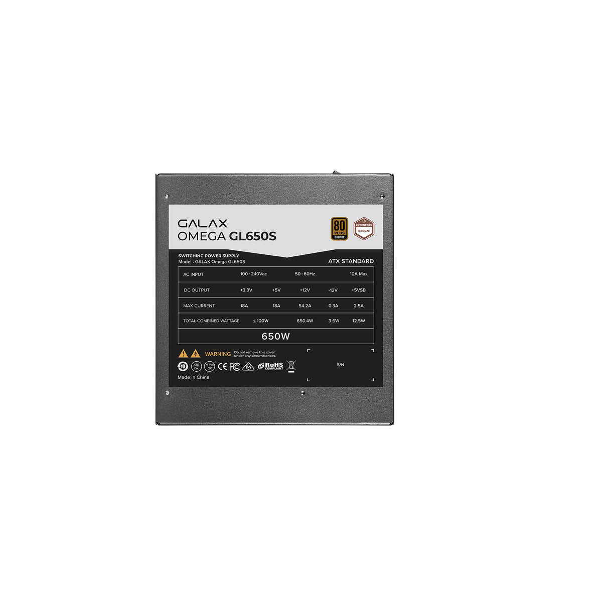Galax Omega GL650S 650W 80+ Bronze & Cybenetics Bronze ATX 2.51 Non-Modular Power Supply (PGO65BOTNATB0)