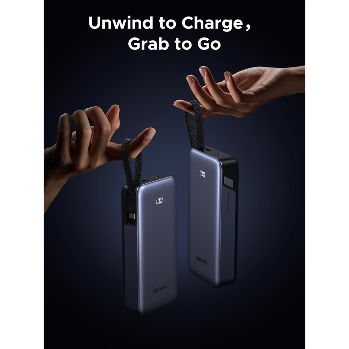 Ugreen 20000mAh 45W Power Bank with Built-in Cable (Grey)