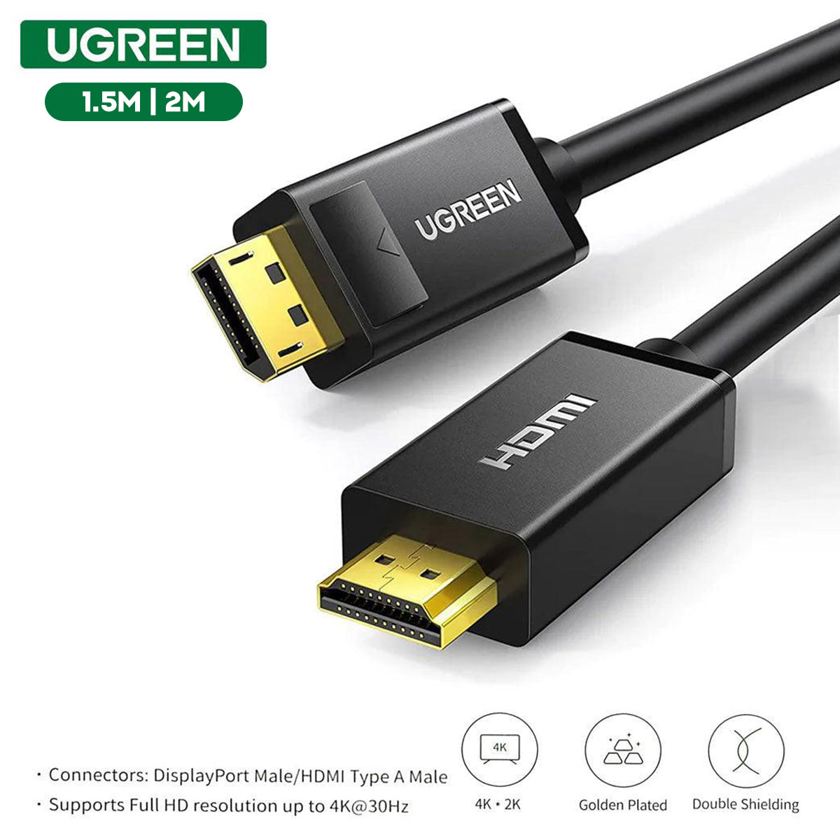 UGREEN Display Port Male To HDMI Male Cable (1.5m, 2m) (Black) (DP101/10238, DP101/10202)