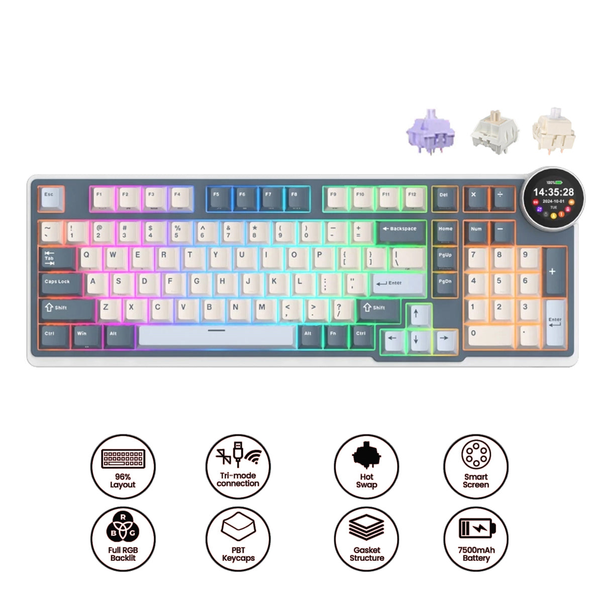 Royal Kludge RK-N99 Tri-Mode RGB 98 Keys Hot Swappable Mechanical Keyboard Moon (Cream Switch, Beige Switch, Violet Switch)