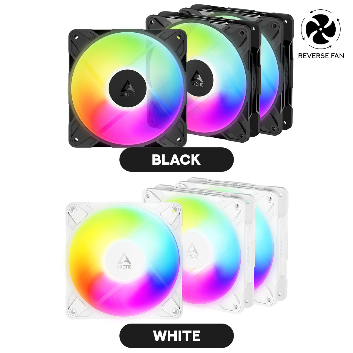 Arctic P12 Pro Reverse 120mm A-RGB PWM 3-Pack Fan with Cable Splitter (Black, White) (ACFAN00333A, ACFAN00334A)