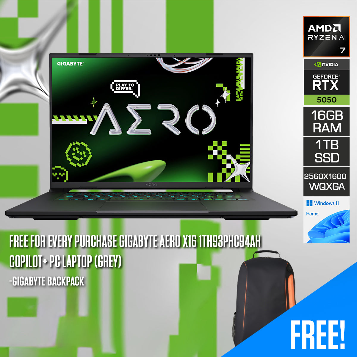 Gigabyte Aero X16 1TH93PHC94AH Copilot+ PC Laptop (Grey) | 16" WQXGA (2560x1600) 165Hz IPS | Ryzen AI 7 350 | 16GB RAM | 1TB SSD | RTX 5050 8GB | Windows 11 Home | Gigabyte Backpack