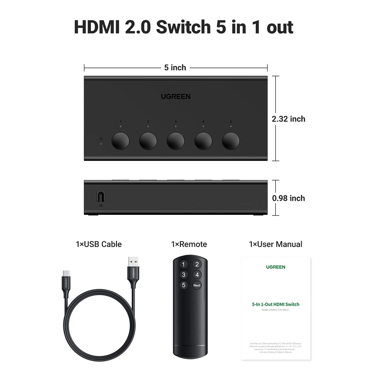Ugreen 5-in-1 HDMI 2.0 Switcher (Black) (CM568/90512)