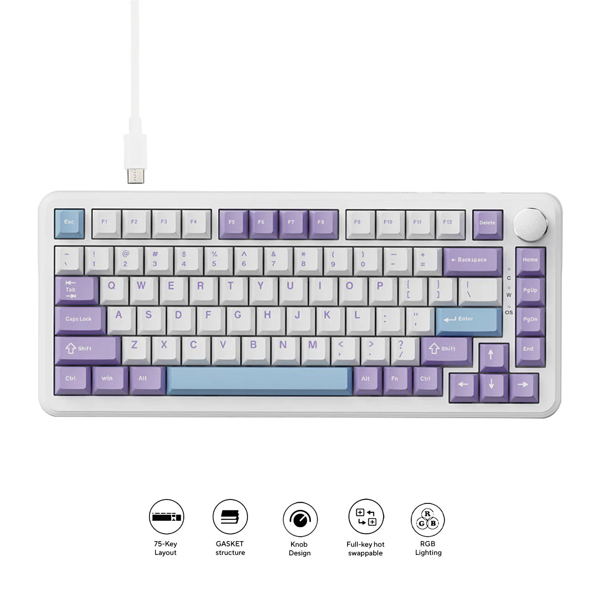 Ajazz AK820 Max RGB Wired 75% 82-Keys Gasket-mounted South Facing Hot Swappable Mechanical Keyboard Knob FR4 PCB (Purple/White/Blue) (Magnetic Switch)