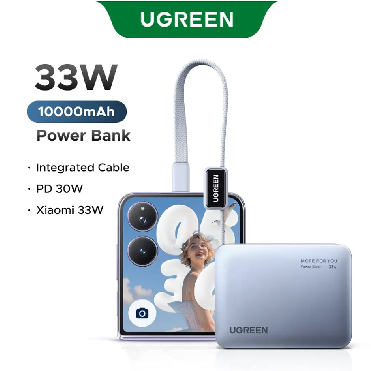Ugreen 10000mAh 33W Fast Charging Power Bank w/ USB-C Built-In Cable
