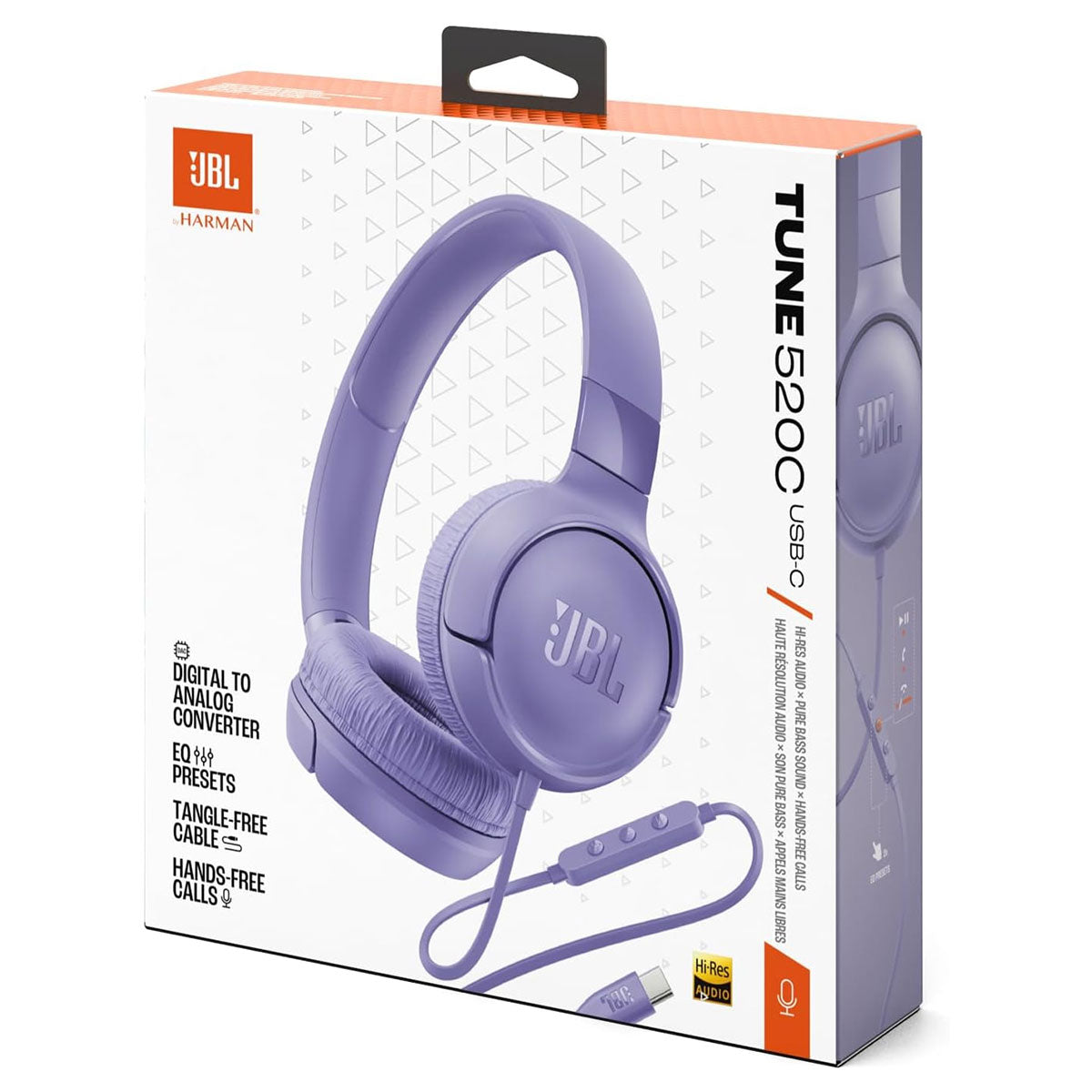 JBL Tune 520C USB-C Hi-Res Wired On-Ear Headphones (Black, White, Blue, Purple)