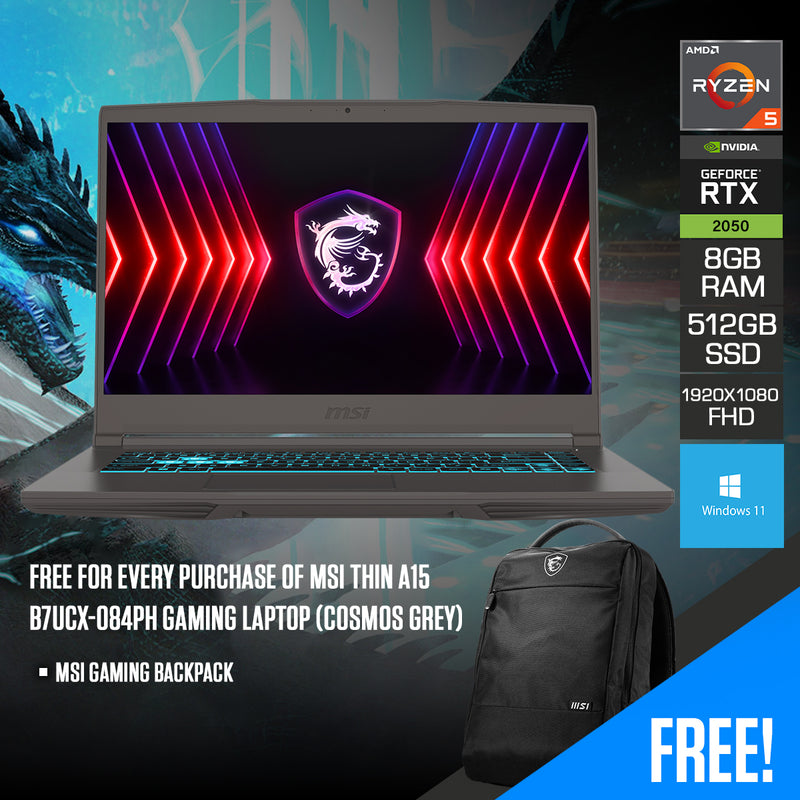 MSI Thin A15 B7UCX-084PH Gaming Laptop (Cosmos Grey) | 15.6" FHD (1920x1080) 144Hz IPS | R5 7535HS | 8GB RAM | 512GB SSD | RTX 2050 | Windows 11 | MSI Gaming Backpack