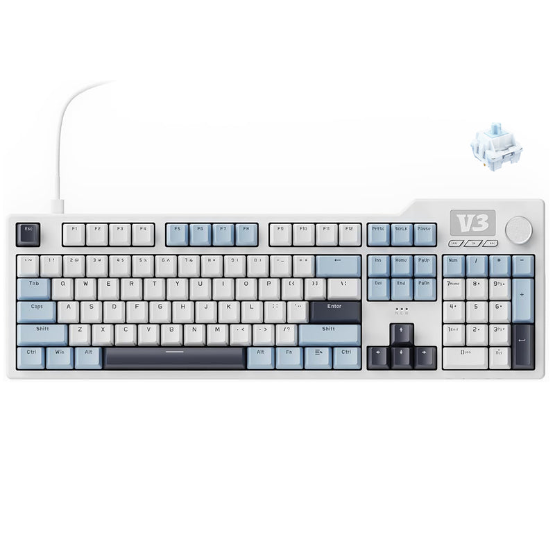 Ajazz AK35I V3 RGB Wired 100% 104-Keys Gasket-mounted Hot Swappable Mechanical Keyboard (Blue/White/Blue) (Sea Salt Switch, Hyacinth Switch)