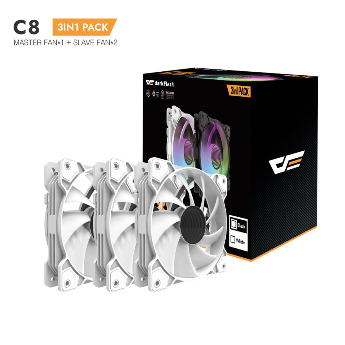 DarkFlash C8 ARGB Cooling Case Fan - 3-in-1 Pack (Black, White)