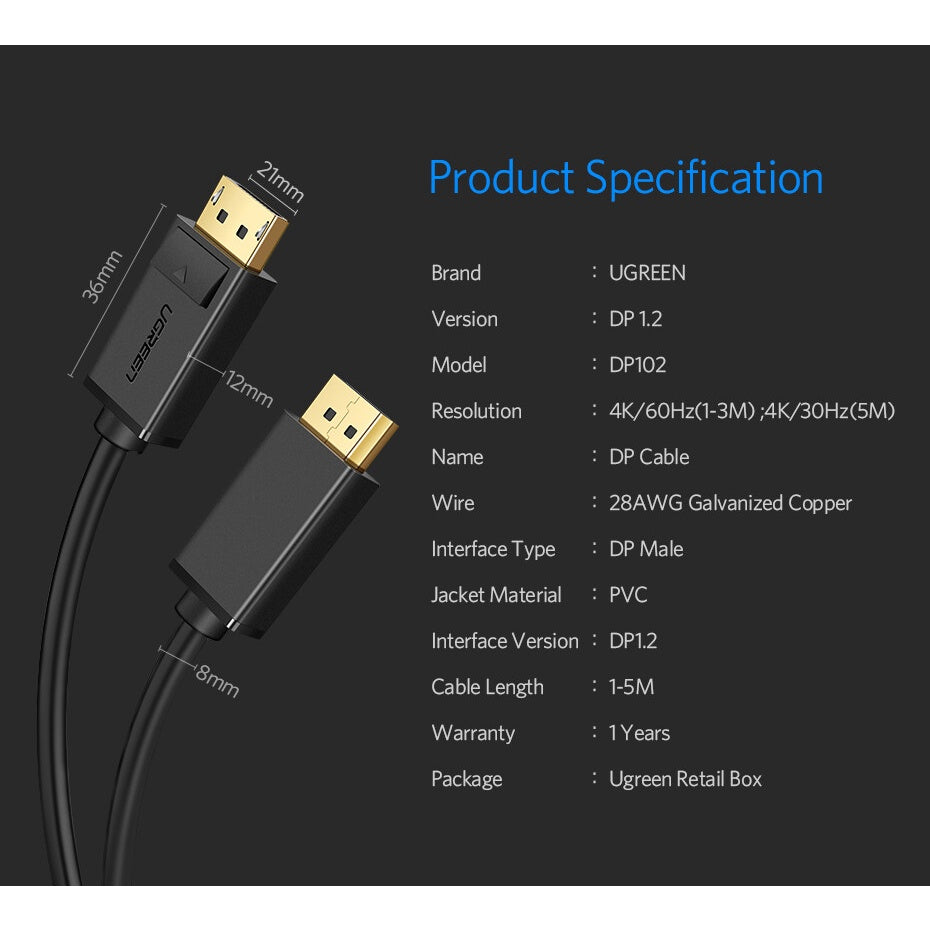 Ugreen DP 1.2 Male to Male Cable - 1m (Black) (DP102/10244)