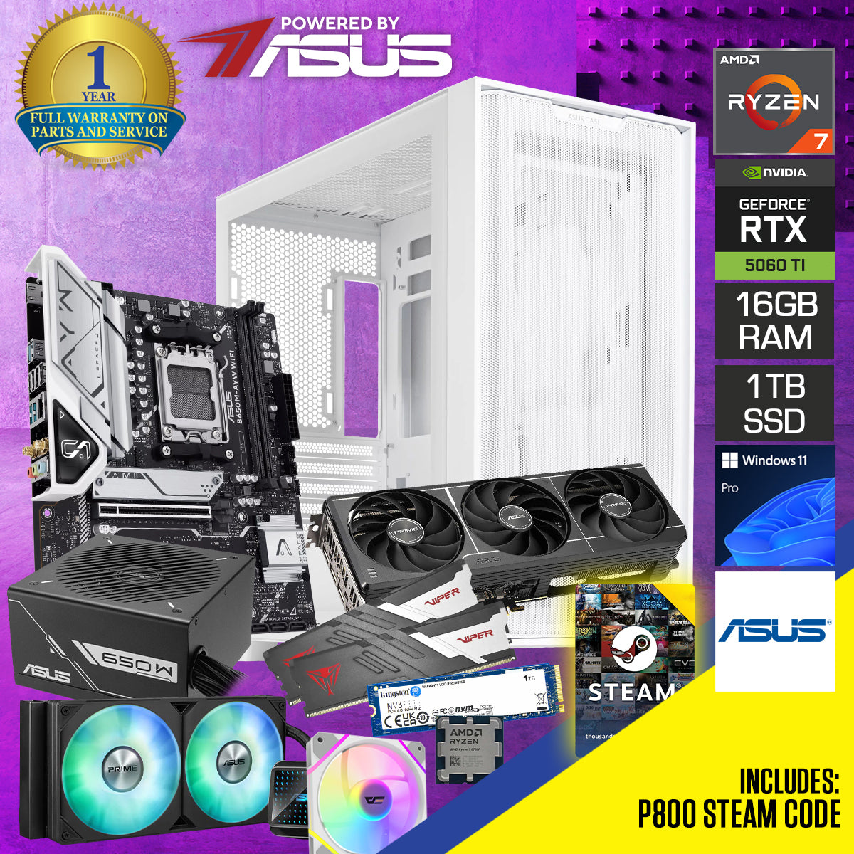 Powered by ASUS: A21 White Desktop Gaming PC | AMD Ryzen 7 8700F | 16GB (2X8GB) RAM | 1TB SSD | RTX 5060 Ti