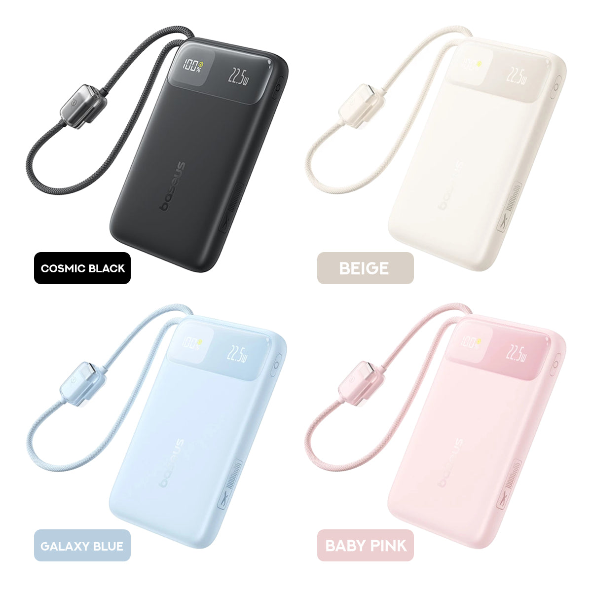 Baseus EnerFill FC11 Digital Display Power Bank with Dual Built-In USB-C Cables 10000mAh 22.5W (Cosmic Black, Beige, Galaxy Blue, Baby Pink)