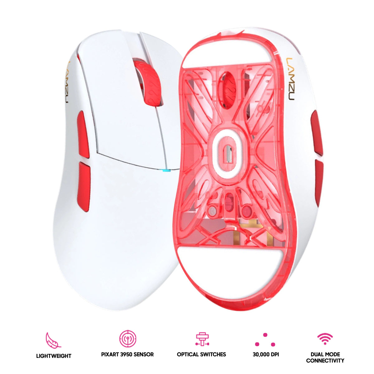 Lamzu Atlantis Mini Champion Edition Superlight Wireless Mouse (Light Pink, Panda White, Red)