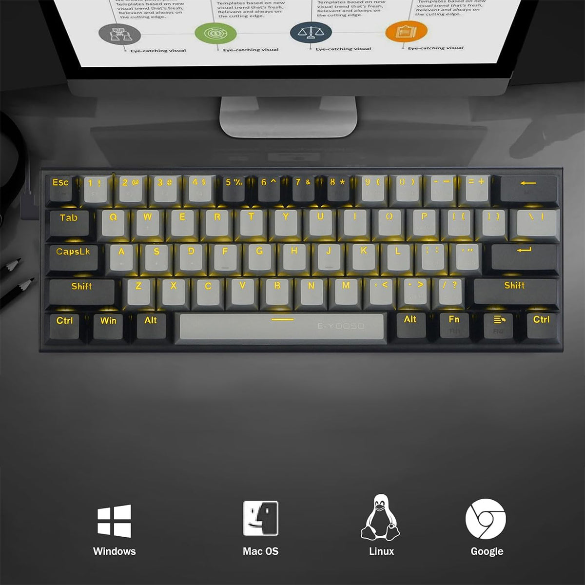 E-Yooso Z-11 Single Light RGB 61 Keys Hot Swappable Mechanical Keyboard Black/Gray (Brown Switch)
