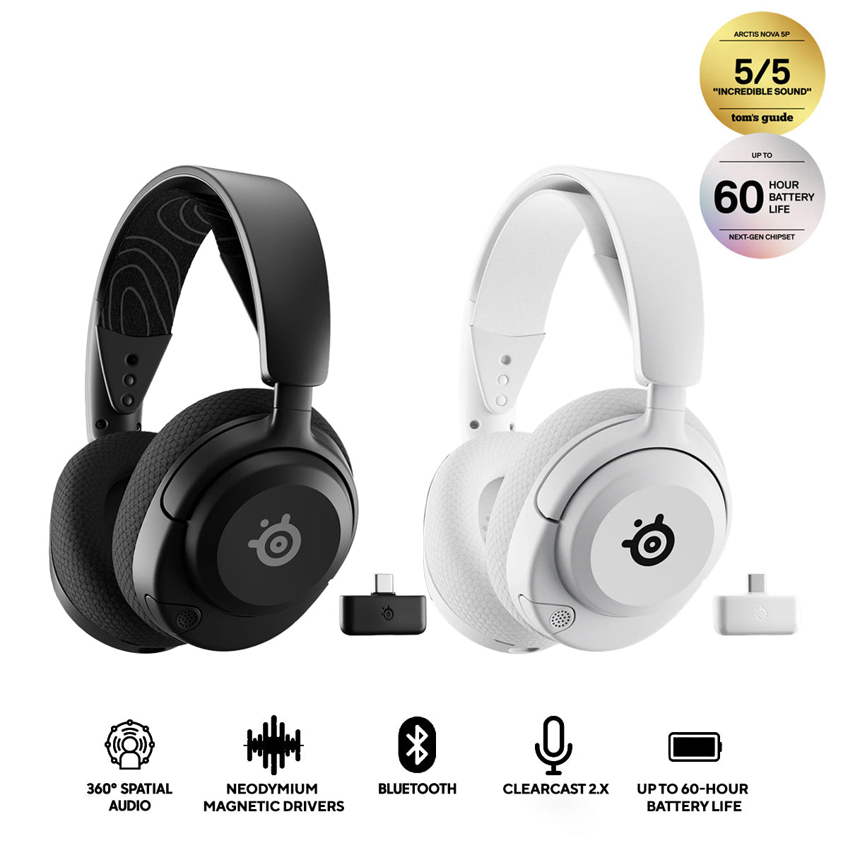 SteelSeries Arctis Nova 5 Wireless Gaming Headset For PC/PlayStation/N-Switch/Mobile (Black, White)
