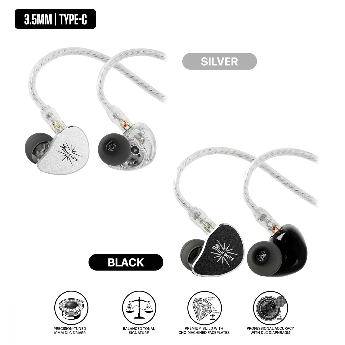 Kiwi Ears Belle 10mm DLC Dynamic Driver, HiFi Wired Earbuds