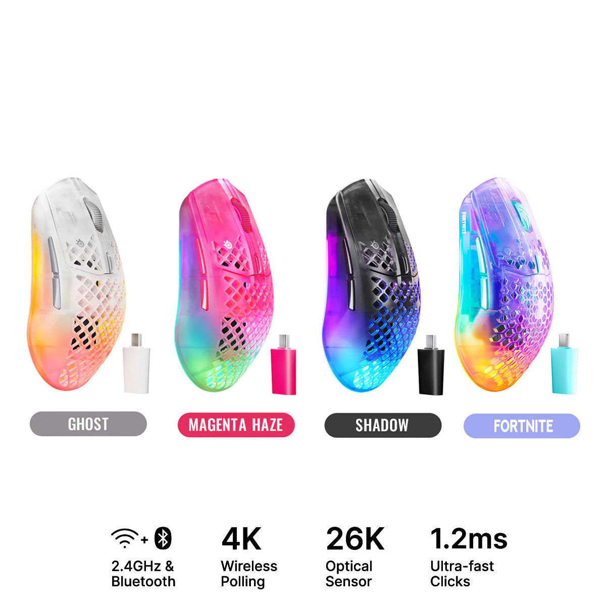 SteelSeries Aerox 3 Wireless Gen 2 4K Gaming Mouse (Ghost, Magenta Haze, Shadow, Fortnite)