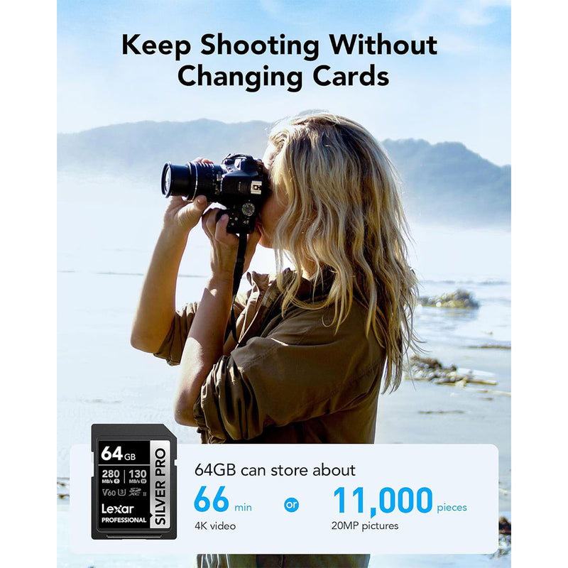 Lexar Professional SILVER PRO 64GB SDXC UHS-II C10 U3 V60 280MB/s Read 130MB/s Write SD Card