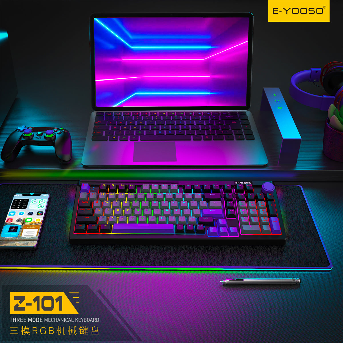 E-Yooso Z-101 RGB 101 Keys Tri-Mode Hot-Swappable Mechanical Keyboard Grey/Black/Purple