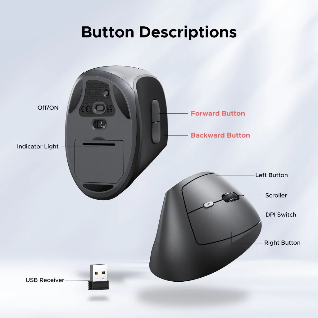Ugreen Multi-Mode Wireless Vertical Mouse (Black) (M371/75545B)