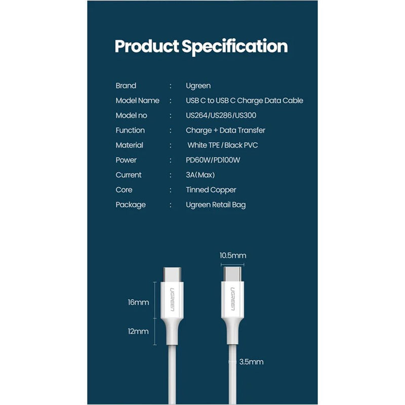 UGreen USB-C 2.0 Male To USB-C 2.0 Male 3A Data Cable - (White)