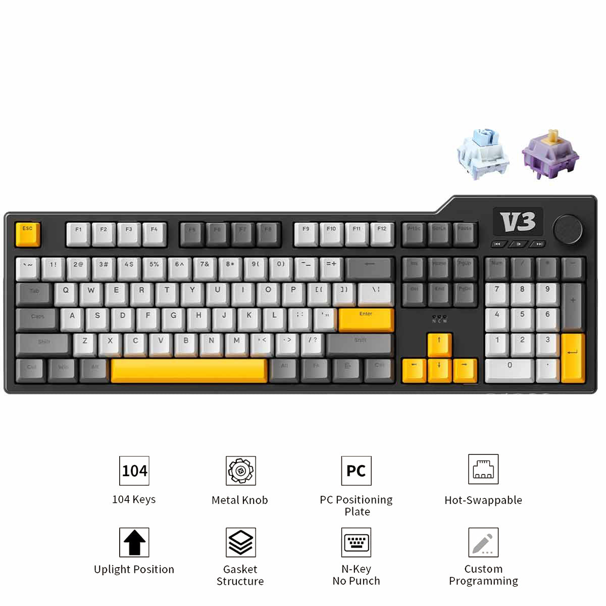 Ajazz AK35I V3 Wired 100% 104-Keys Gasket-mounted Hot Swappable Mechanical Keyboard (Black/Cream/Yellow) (Sea Salt Switch, Hyacinth Switch)